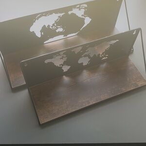 (1894) Two Wooden Shelves with atlas map cut out on metal back